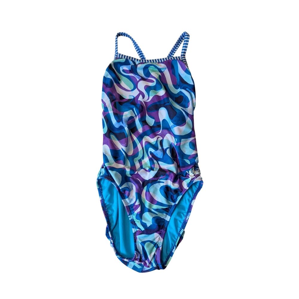 Dolfin Uglies Groovy V-Back One Piece Swimsuit Size 34 wavy blue, purple; retro